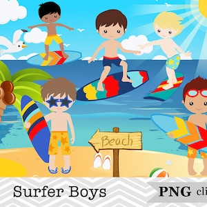 35 Surfer Boys Clip Art, Clipart de vacaciones de verano, Boy Surf Clipart, Little Boy Summer Beach Scrapbook Descarga instantánea