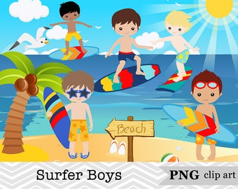 35 Surfer Boys Clip Art, Summer Vacation Clipart, Boy Surfing Clipart, Little Boy Summer Beach Scrapbook Instant Download