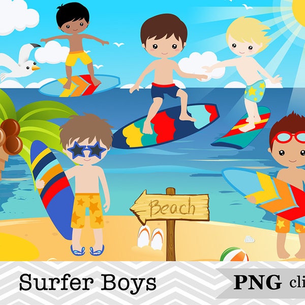 35 Surfer Boys Clip Art, Summer Vacation Clipart, Boy Surfing Clipart, Little Boy Summer Beach Scrapbook Instant Download
