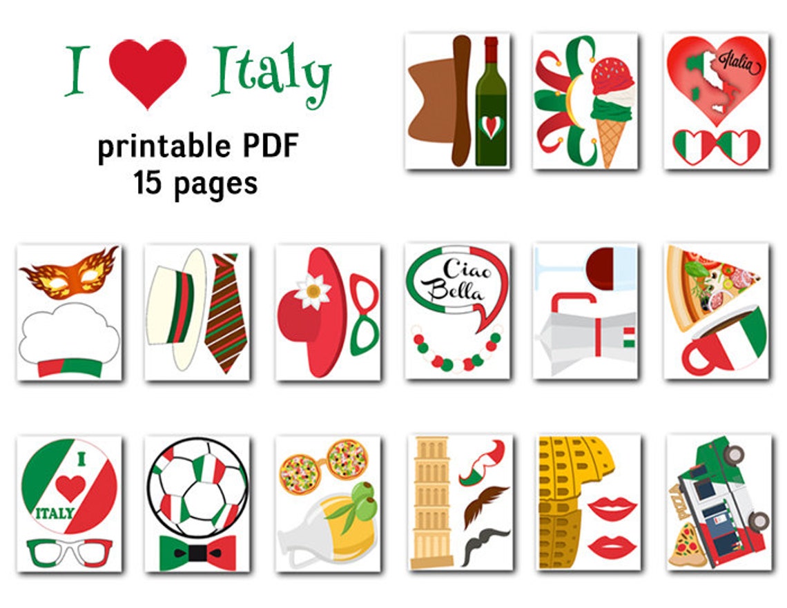 Printable I Love Italy Party Photo Booth Props, Italia Party Photo