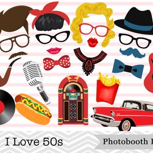Druckbare 50er Jahre Photo Booth Requisiten, 50er Jahre Photo Booth Requisiten, 50er Jahre Retro Party Requisiten, Instant Download