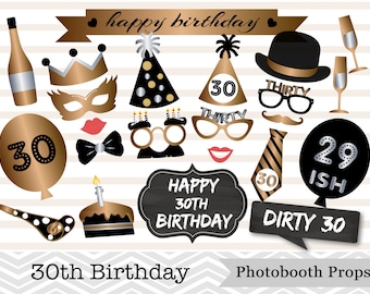 Printable 30th Birthday Photo Booth Props, Happy 30th Birthday Photo Booth Props, Gold and Black Birthday Photo Booth Prop, Instant Download