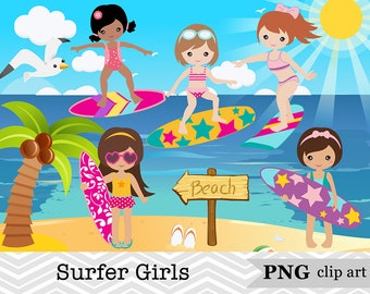 35 Surfer Girls Clip Art, Summer Vacation Clipart, Girl Surfing Clipart, Little Girl Summer Beach Scrapbook Instant Download