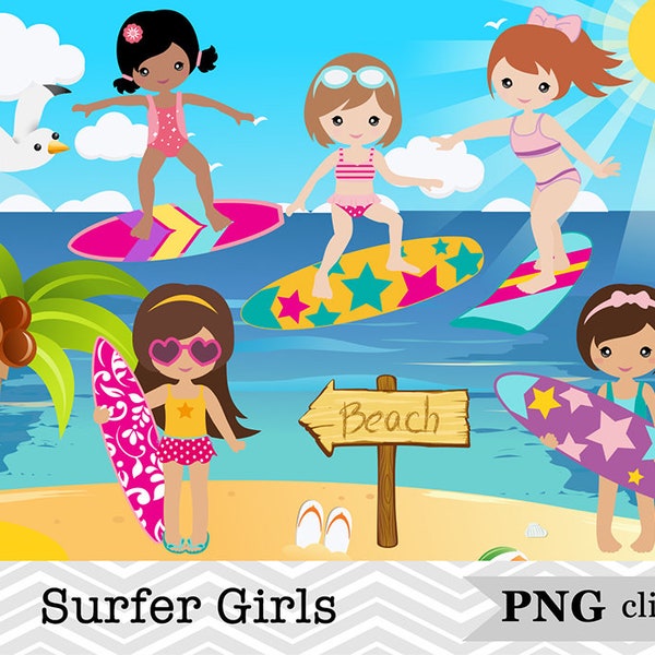 35 Surfer Girls Clip Art, Summer Vacation Clipart, Girl Surfing Clipart, Little Girl Summer Beach Scrapbook Instant Download