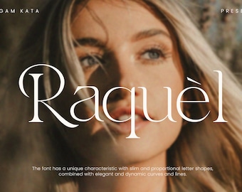 May include: A close-up of a woman's face with the word "Raquel" written in a white, elegant font with a unique, slim, and proportional letter shape. The font has elegant and dynamic curves and lines.