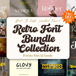 May include: A collage of 19 retro fonts in a bundle collection. The fonts are displayed in various styles and colours, including black, white, yellow, and gold. The text "Retro Font Bundle Collection" is displayed in large, bold, black letters. The text "19 Fonts With 12 Family" is displayed in smaller, black letters.