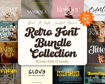 May include: A collage of 19 retro fonts in a bundle collection. The fonts are displayed in various styles and colors, including black, white, yellow, and gold. The text "Retro Font Bundle Collection" is displayed in large, bold, black letters. The text "19 Fonts With 12 Family" is displayed in smaller, black letters.