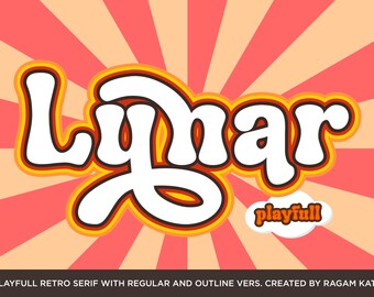 Op de afbeelding: Een retro lettertypeontwerp genaamd "Lunar" in een wit, oranje en geel kleurenschema met het woord "playfull" in een witte wolkvorm. De achtergrond is een rood en oranje gestreept patroon.