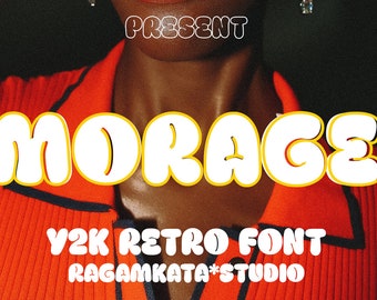May include: A red shirt with a black collar and a white, bubble-lettered word "MORACE" across the chest. The text "PRESENT" is above the word "MORACE" and the text "V2K RETRO FONT RAGAMKATA*STUDIO" is below the word "MORACE".