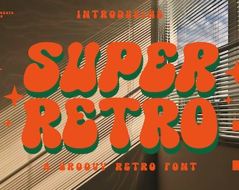 May include: A retro font design called "Super Retro" with a groovy retro font style. The text is in orange and green against a background of a window with blinds.