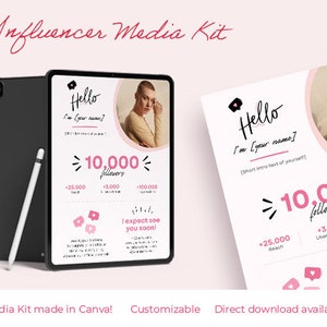 Op de afbeelding: Een roze en witte media kit-sjabloon voor social media-influencers. De sjabloon bevat een foto van een vrouw met een roze achtergrond en de tekst "Hello I'm [your name]" en "≥10.000 volgers".