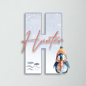 Signo de nombre de madera de letra para guardería, decoración de habitación de pingüino, placa de nombre de niño o niña, regalos de signo de nombre personalizado para el hospital