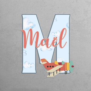 Placa de parede de madeira com letras de nuvens e aviões personalizadas para decoração de berçário, placa de madeira com nome de menino ou menina, presentes personalizados para recém-nascidos