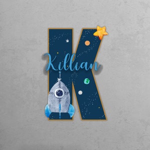 Letrero de madera con nombre y letras para guardería, decoración de pared con forma de cohete, placa con nombre para bebé niño o niña, letrero con nombre personalizado, regalos para niños, decoración de pared espacial