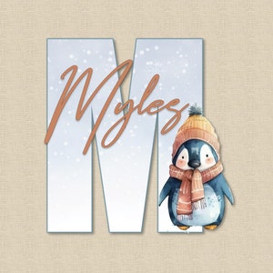Signo de nombre de madera de letra para guardería, decoración de habitación de pingüino, placa de nombre de niño o niña, regalos de signo de nombre personalizado para el hospital