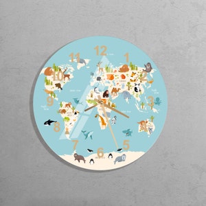 Horloge murale personnalisée en verre pour enfants, décoration carte du monde, art mural en verre trempé carte pour bébé garçon ou fille, cadeau de Noël, cadeaux du nouvel an