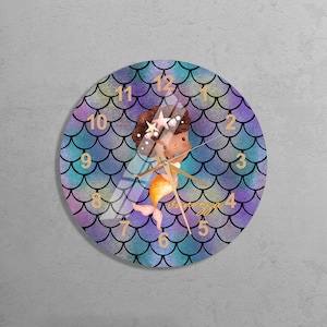 Glass Custom Wall Clock For Children, Mermaid Room Decor, Tempered Glass Baby Girl  Name Clock, Christmas Gift, Oceon Wall Art For Girl