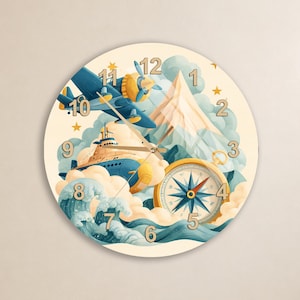 Wandklok van gehard glas in de vorm van een vliegtuig, illustratieve decoratie met thema's ontdekkingsreizen en avontuur, cadeau voor reisliefhebbers