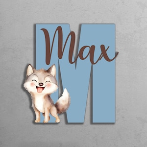 Placa de madeira com nome de animal para berçário, decoração de quarto de menino lobo, placa com nome de bebê, presentes personalizados para bebê, placa com nome de bebê para hospital