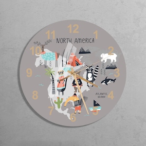Horloge murale personnalisée en verre pour garçons, décoration d'Amérique du Nord, horloge murale prénom de bébé en verre trempé, cadeaux animaux du Nouvel An pour enfants, art mural carte