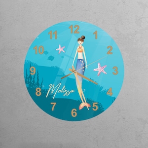 Glass Custom Wall Clock For Children, Mermaid Room Decor, Tempered Glass Baby Girl  Name Clock, Christmas Gift, Oceon Wall Art For Girl