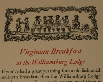 ca. 1958 Williamsburg Lodge Virginian Breakfast Menu Ad Pilgrims Paper Colonial VA