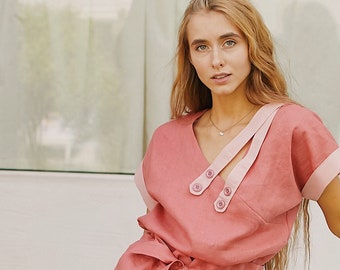 Summer linen kimono wrap blouse, linen tops for women, linen crop top, loose blouse, boxy linen top