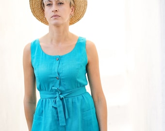 Blue linen tank dress, linen sundress, linen swing dress, fitted dress, smock dress, loose linen dress, pinafore dress