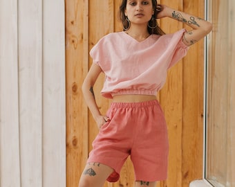 Summer linen loose shorts, bermuda shorts, boho shorts, high waisted shorts, linen boxer shorts