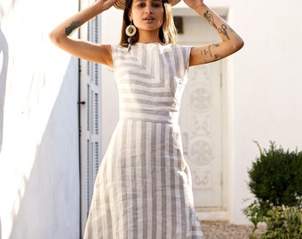 Striped linen maxi dress, linen sundress, fitted linen dress, casual linen dress, linen tunic dress, linen summer dress, a line dress