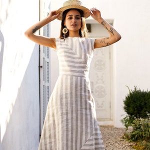 Striped linen maxi dress, linen sundress, fitted linen dress, casual linen dress, linen tunic dress, linen summer dress, a line dress image 1