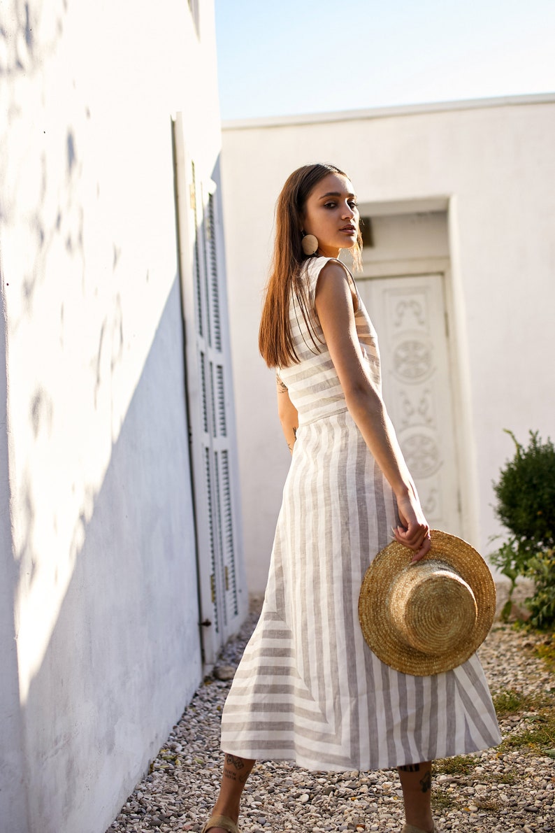 Striped linen maxi dress, linen sundress, fitted linen dress, casual linen dress, linen tunic dress, linen summer dress, a line dress image 4