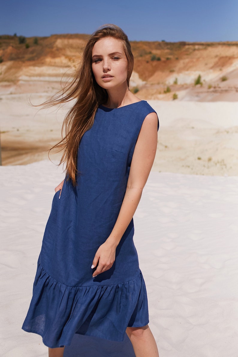 Navy Blue Linen Dress, Boat Neck Dress, Linen Sundress, Summer Linen ...