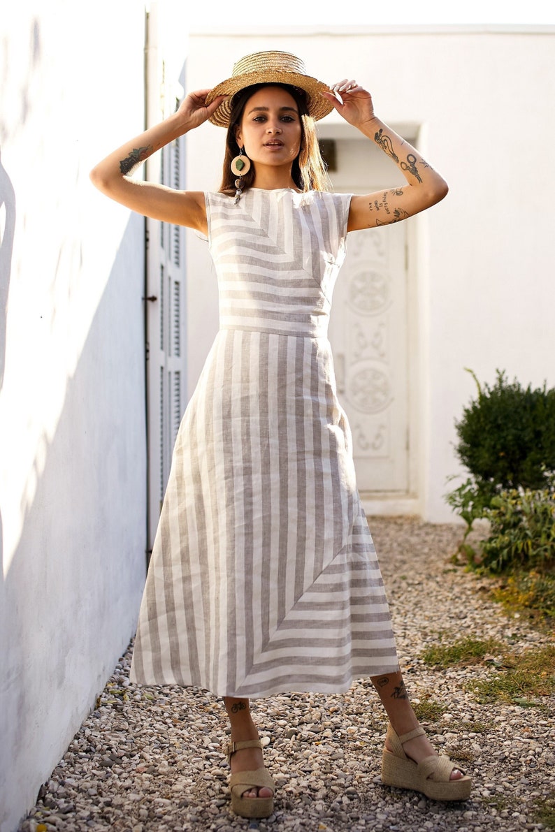 Striped linen maxi dress, linen sundress, fitted linen dress, casual linen dress, linen tunic dress, linen summer dress, a line dress image 1