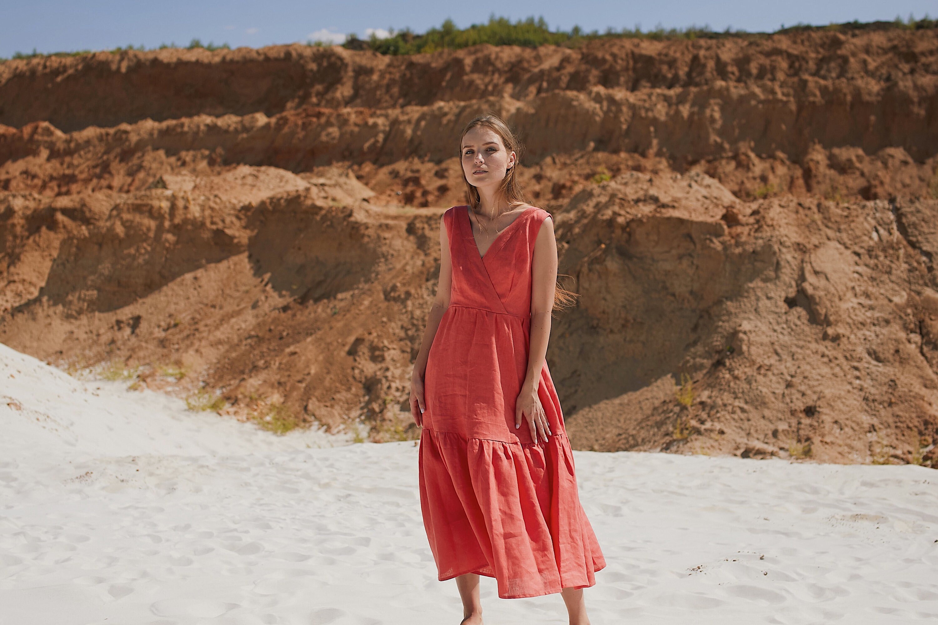 Coral Tiered Beach Dress, Linen Sundress, Linen Pinafore Dress 