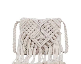 Macrame Crochet Bag Fringe Cream White Boho Beach City NOUVEAU