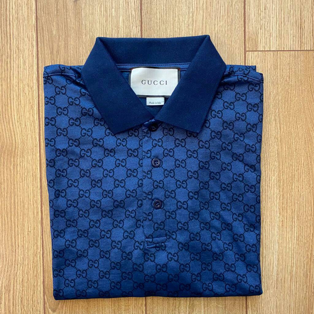 L - Gucci Vintage Authentic Monogram Blue Polo Shirt