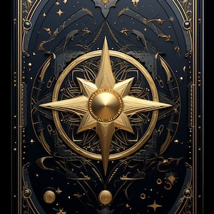 May include: A detailed, ornate design in gold and black. The central focus is a large, eight-pointed star within a circular frame. The background is a dark navy blue, with additional gold embellishments and star accents. The overall aesthetic is reminiscent of celestial or mystical themes.