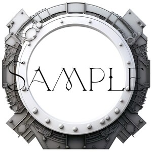 May include: A large, round, silver-colored metal frame with a circular opening. The frame has a series of bolts and rivets around the edge of the opening. The word "SAMPLE" is printed in black inside the opening.