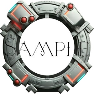 May include: A circular, silver-colored, futuristic-looking frame with red and blue lights. The frame has a textured surface and a black background. The word "SAMPLE" is written in black text in the center of the frame.