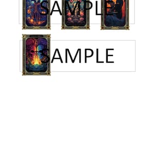 May include: Four tarot cards with gold frames and ornate designs. The cards depict a skeletal figure with a lantern, a skull with a crown, a couple embracing, and a skull with a crown.