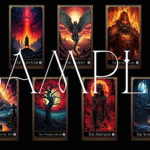 May include: A collection of fantasy art cards with dark, gothic themes. Each card features a unique illustration with titles like "The Survivor" and "The Sickness." The word "SAMPLE" is prominently displayed across the cards.