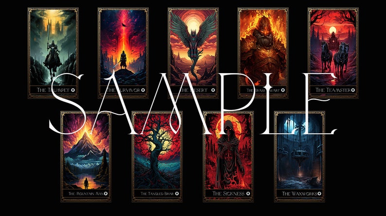May include: A collection of fantasy art cards with dark, gothic themes. Each card features a unique illustration with titles like "The Survivor" and "The Sickness." The word "SAMPLE" is prominently displayed across the cards.