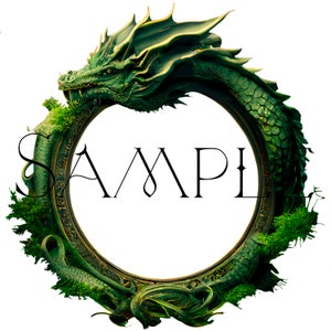 May include: A green dragon curled into a circle, forming a frame with the word "SAMPLE" in the center.