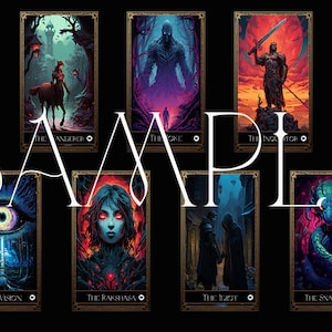 May include: A collection of fantasy-themed tarot cards with dark, gothic illustrations. Each card features a unique design with titles like "The Hidden Truth" and "The Vision." The word "SAMPLE" is displayed across the cards.
