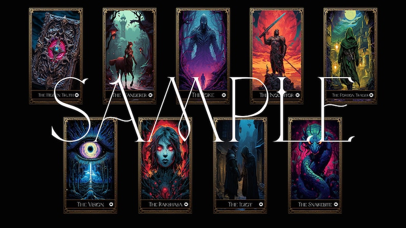 May include: A collection of fantasy-themed tarot cards with dark, gothic illustrations. Each card features a unique design with titles like "The Hidden Truth" and "The Vision." The word "SAMPLE" is displayed across the cards.