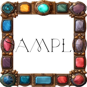 Könnte beinhalten: Ein dekorativer quadratischer Rahmen mit Holzoptik, verziert mit verschiedenen farbigen Edelsteinen. Der Rahmen weist ein sich wiederholendes Muster aus rechteckigen und ovalen Edelsteinen in Blau-, Gelb-, Grün-, Rot- und Lilatönen auf. Das Wort "SAMPLE" steht in der Mitte.