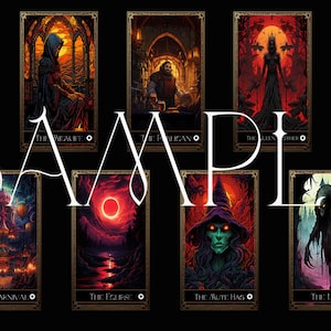 May include: A collection of tarot cards with dark fantasy illustrations. Each card features a unique design, including a dragon, a cloaked figure, and an owl. The word "SAMPLE" is displayed across the cards.