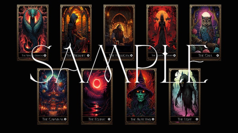 May include: A collection of tarot cards with dark fantasy illustrations. Each card features a unique design, including a dragon, a cloaked figure, and an owl. The word "SAMPLE" is displayed across the cards.