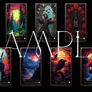 May include: A collection of tarot cards with dark, fantasy-themed illustrations. Each card features a unique scene, including a couple dancing, a forest, a juggler, a locked door, and a peacock. The word "SAMPLE" is overlaid on the cards.